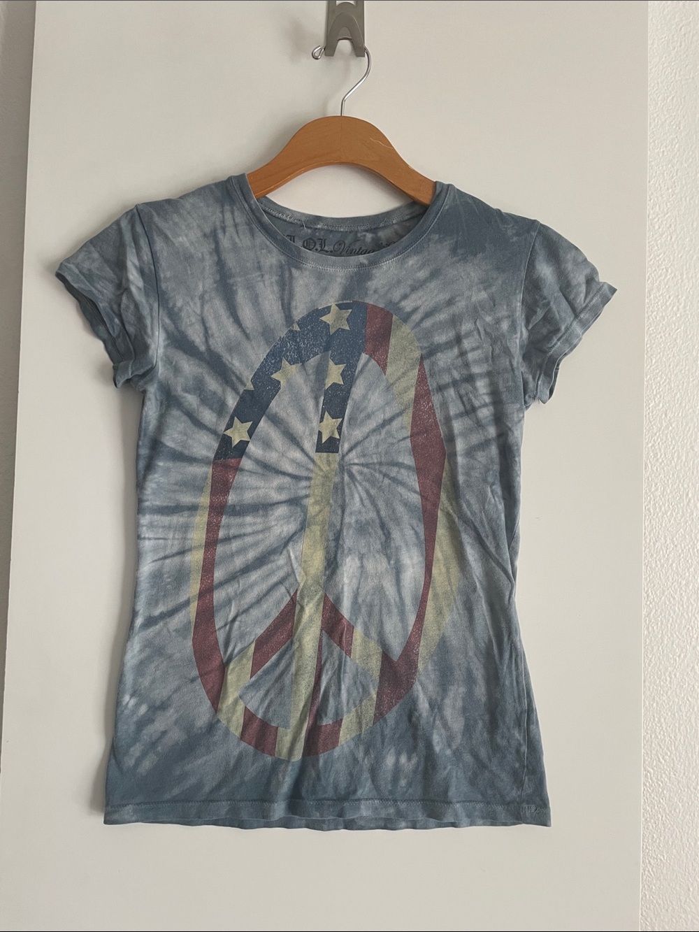LOL Vintage USA “Peace” Cotton Short Sleeve T Shirt Lt. Blue Tie Die